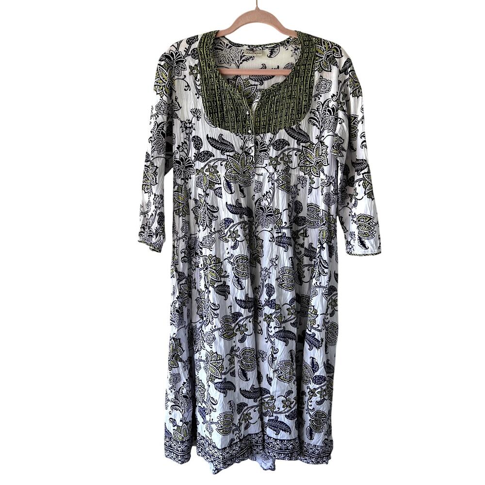 Anokhi Womens Hand Printed Floral Fit n Flare Midi Dress Size Medium‎ Boho Indie